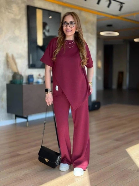 Kadın Kısa Kollu Bisiklet Yaka Asimetrik Viskon Iki Iplik Bluz Ve Pantolon Ikili Takım ürün görseli