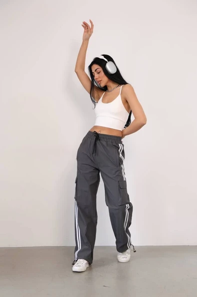 Praşut Kumaş Kargo Çeplı Baggy Esofman - Gri - Resim 2