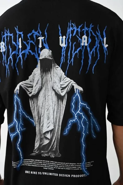 Unisex Baskılı Oversize T-Shirt - Siyah - Resim 4