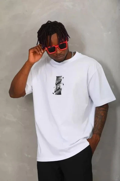 Unisex Oversize Baskılı Bisiklet Yaka T-Shirt - Beyaz ürün görseli