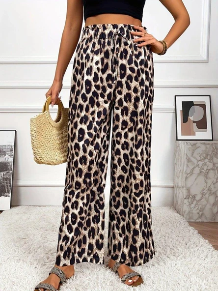 Kadın Yüksek Bel Beli Lastikli Bağcıklı Leopar Desenli Süprem Pantolon - Resim 5