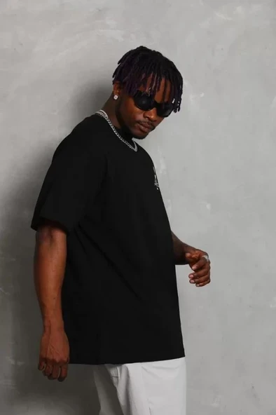 Unisex Oversize Baskılı Bisiklet Yaka T-Shirt - Siyah - Resim 3