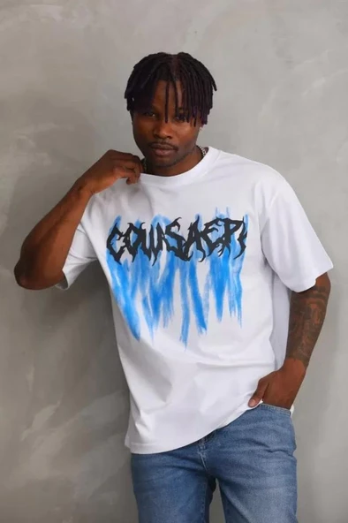 Unisex Baskılı Oversize T-Shirt - Beyaz - Resim 3