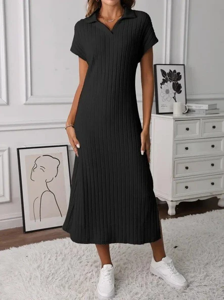 Kadın Kısa Kollu Yakalı Yandan Yırtmaçlı Kalın Fitilli Kaşkorse Elbise - Resim 2