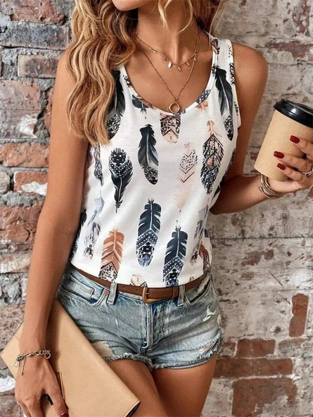 Kadın Sıfır Kollu V Yakalı Yaprak Desenli Süprem Bluz ürün görseli
