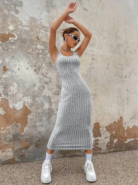 Kadın Kalın Askılı Kare Yaka Fitilli Kaşkorse Midi Boy Elbise ürün görseli