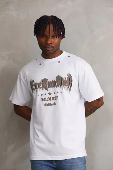 Unisex Kuşgözü Detaylı Baskılı Oversize T-Shirt - Beyaz - Resim 2