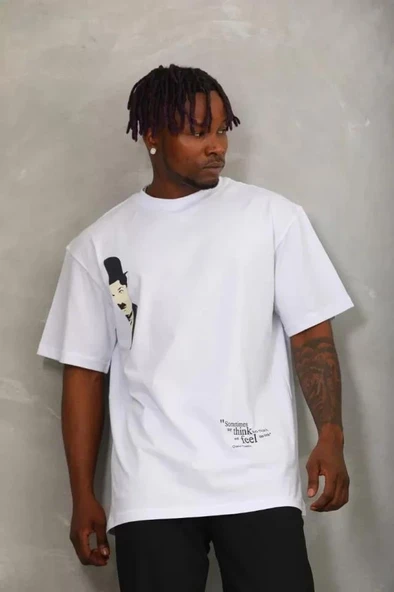 Unisex Oversize Baskılı Bisiklet Yaka T-Shirt - Beyaz - Resim 3