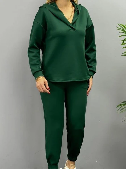 Kadın Uzun Kol V Yaka Kapüşon Detay Sweat Ve Yüksel Bel Eşofman Ikili Takım - Resim 2