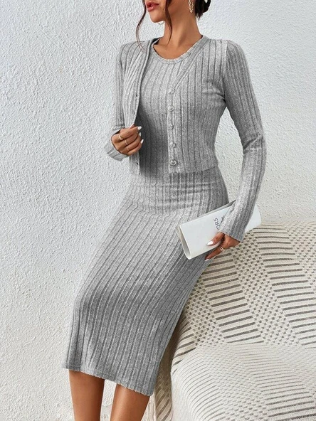 Kadın Uzun Kollu şardonlu Kaşkorseönü Düğmeli Mini Boy Elbise Ikili Takım - Resim 6