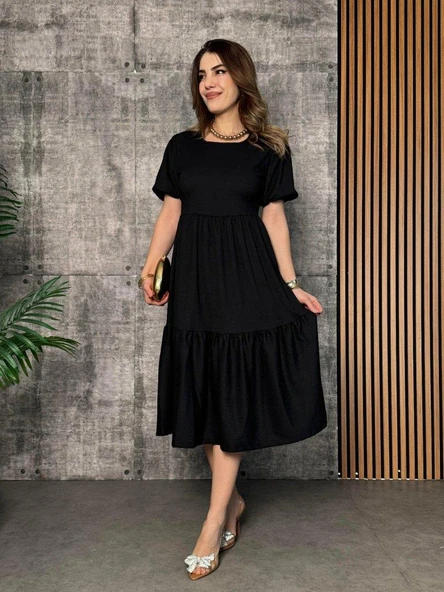 Kadın Kısa Kollu Yakası Açık Katlı Bürümcük Balon Elbise ürün görseli