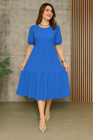 Kadın Kısa Kollu Yakası Açık Katlı Bürümcük Balon Elbise - Resim 2