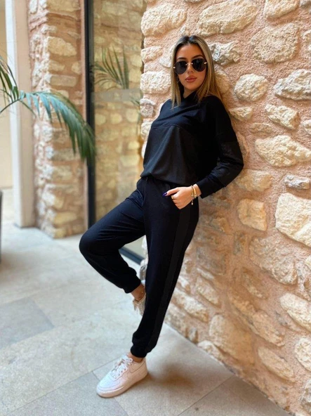 Kadın Uzun Kollu Kapüşonlu Oversize Sweat Ve Pantolon Ikili Takım - Resim 8