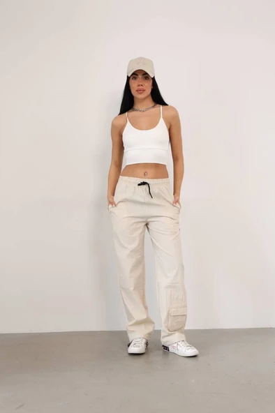 Praşut Kumaş Paça Cepli Baggy Eşofman - Bej ürün görseli