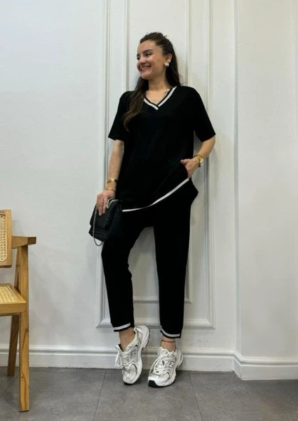 Kadın Kısa Kollu V Yakalı Iki Iplik Bluz Ve Pantolon Ikili Takım - Resim 10