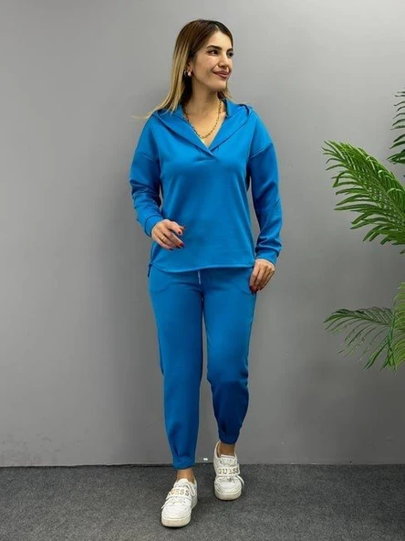 Kadın Uzun Kol V Yaka Kapüşon Detay Sweat Ve Yüksel Bel Eşofman Ikili Takım - Resim 6