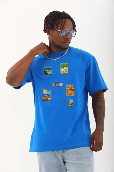 Unisex Oversize Baskılı Bisiklet Yaka T-Shirt - Mavi ürün görseli