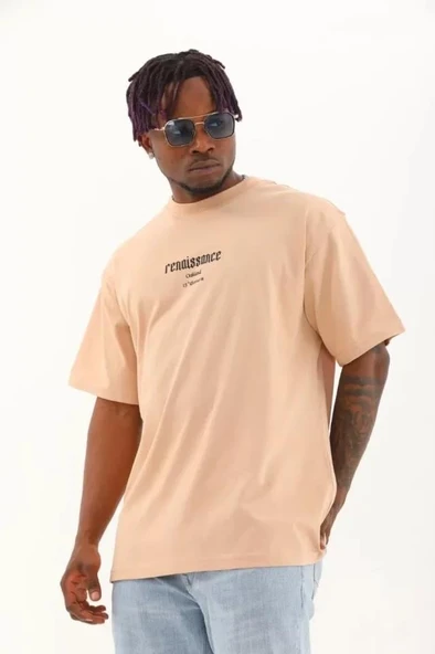 Unisex Oversize Baskılı Bisiklet Yaka T-Shirt - Bej ürün görseli