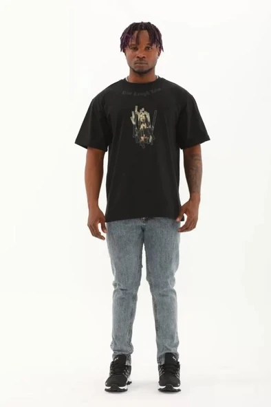 Unisex Oversize Baskılı Bisiklet Yaka T-Shirt - Siyah - Resim 4