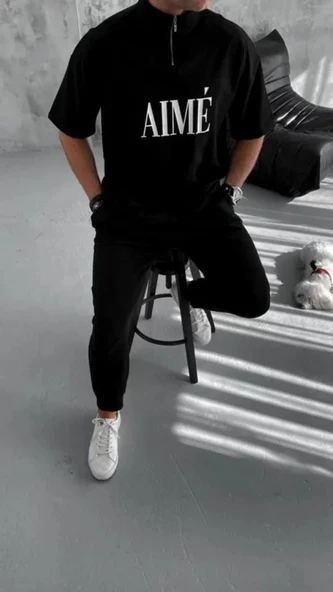 Unisex Yarım Fermuarlı Baskılı T-Shirt - Siyah - Resim 3