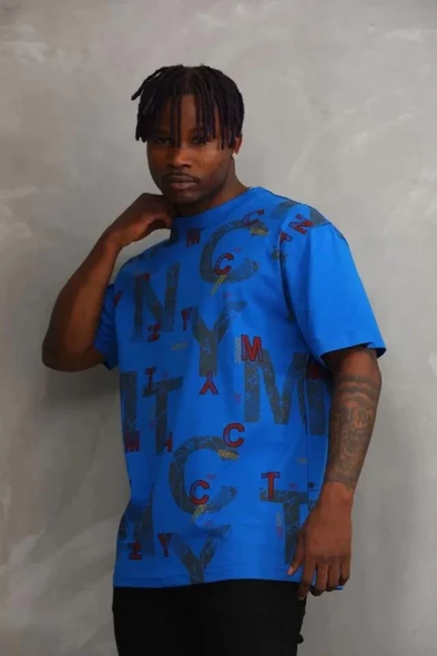 Unisex Baskılı Oversize T-Shirt - Mavi ürün görseli