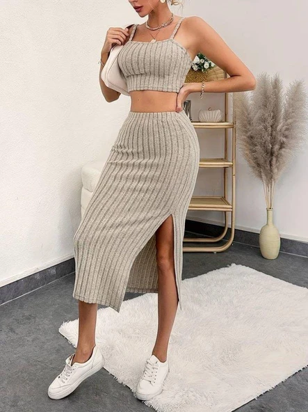 Kadın Kolsuz Askılı Crop Yırtmaçlı Midi Etek Fitilli Kaşkorse Takım - Resim 2