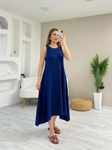 Kadın Askılı Yuvarlak Yakalı Asimetrik Kesim Detaylı Viskon Elbise - Resim 3