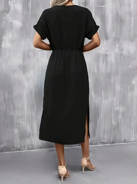 Kadın Kısa Kollu Yakası Açık Belden Bağlamalı Yırtmaçlı Viskon Elbise - Resim 4