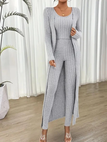 Kadın Yuvarlak Yaka Askılı Krop Bluz Yüksek Bel Tayt Ve Uzun Hırka şardonlu Kaşkorse üçlü Takım - 4