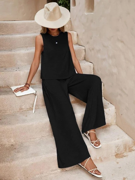 Kadın Sıfır Kollu Bisiklet Yaka Aerobin Bluz Ve Pantolon Ikili Takım ürün görseli