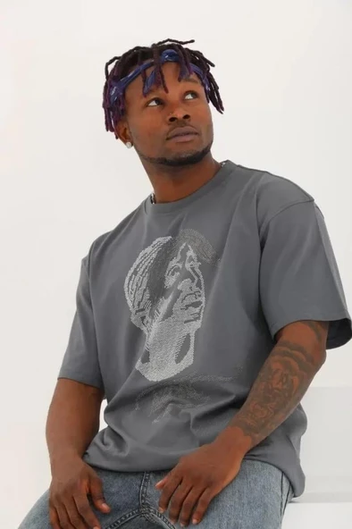 Unisex Oversize Taşlı Bisiklet Yaka T-Shirt - Füme - Resim 2