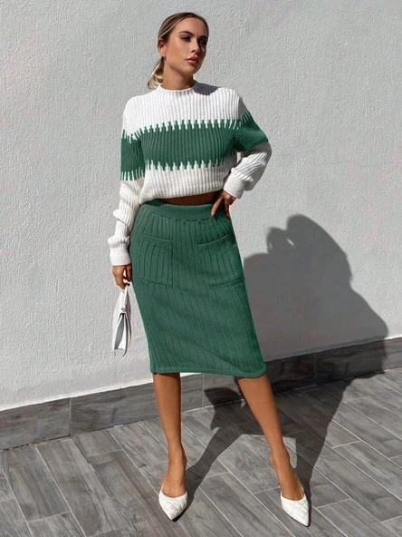 Kadın Uzun Kollu Triko Etekli Takım - Resim 2