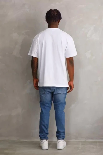 Unisex Kuşgözü Detaylı Baskılı Oversize T-Shirt - Beyaz - Resim 3