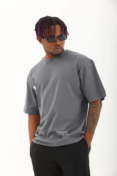 Unisex Oversize Baskılı Bisiklet Yaka T-Shirt - Füme - 1