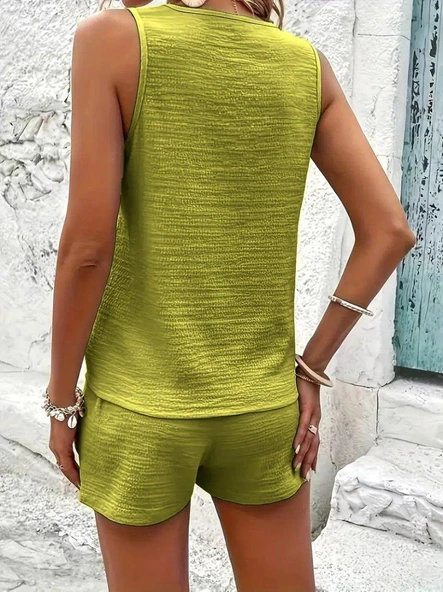 Kadın Askılı Kolsuz V Yakalı önden Düğmeli Bürümcük Bluz Ve Short Ikili Takım - Resim 5