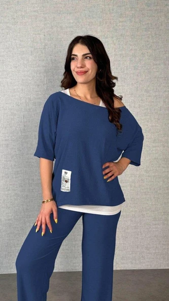 Kadın Kısa Kollu Omuzlardan Açık Yarasa Kollu Bürümcük Bluz Ve Pantolon Ve Viskon Atlet - Resim 4