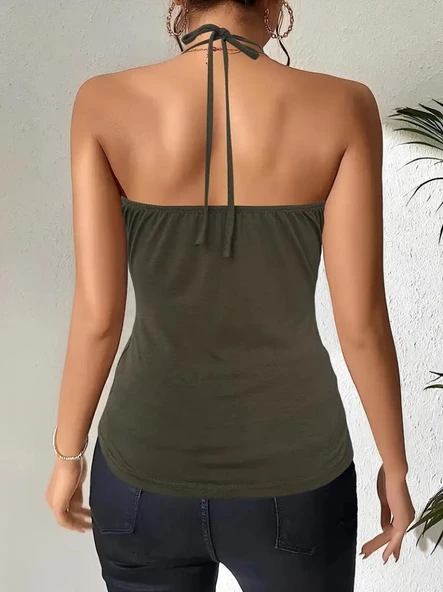 Kadın Askılı Kuş Gözü Ve Dekolte Detay Boyundan Bağlamalı Viskon Bluz - Resim 3