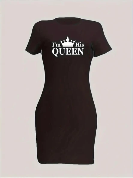 Kadın Kısa Kollu Queen Baskı Iki Iplik Mini Elbise - Resim 3