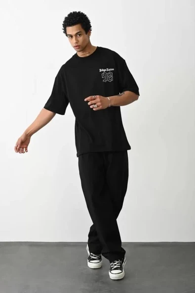 Unisex Baskılı Oversize T-Shirt - Siyah - Resim 3