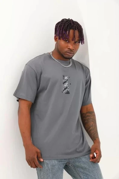 Unisex Oversize Baskılı Bisiklet Yaka T-Shirt - Füme ürün görseli