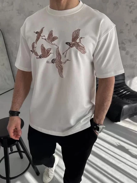 Unisex Nakış İşlemeli T-Shirt - Beyaz - 1