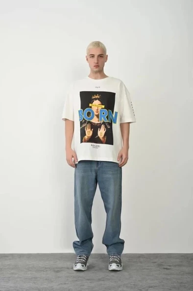 Unisex Baskılı Bisiklet Yaka Oversize T-Shirt - Beyaz - Resim 3