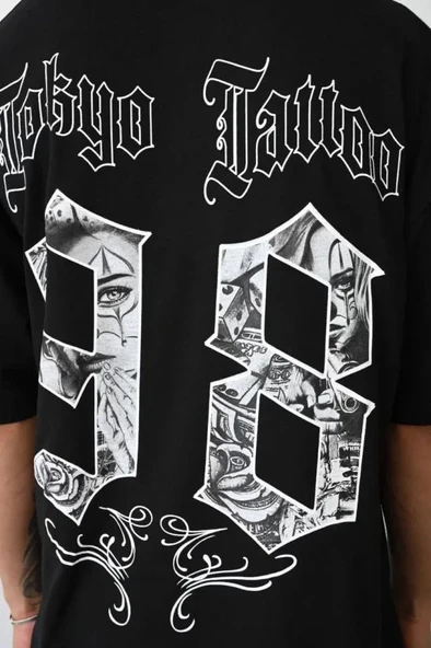 Unisex Baskılı Oversize T-Shirt - Siyah - Resim 4