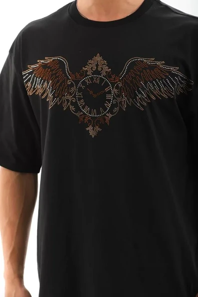 Unisex Oversize Taşlı Bisiklet Yaka T-Shirt - Siyah ürün görseli