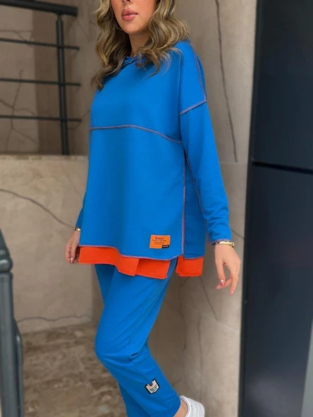 Kadın Indigo Kapşonlu Etek Ucu Detay Arma Ters Dikiş Gorunumlu Ikili Takım - Resim 3