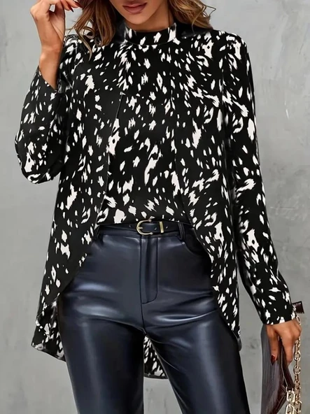 Kadın Uzun Kollu Yarı Balıkçı Yaka Desenli Dokuma Bluz - Resim 4