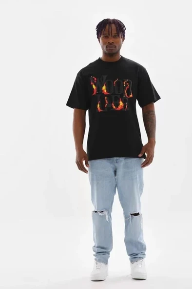 Unisex Baskılı Oversize T-Shirt - Siyah - 4