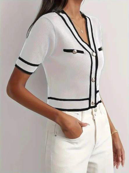 Kadın Kısa Kollu önden Düğmeli Triko Bluz - Resim 2
