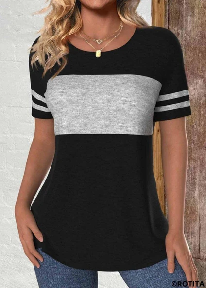Kadın Kısa Kollu Bisiklet Yaka çift Renkli Viskon Bluz ürün görseli
