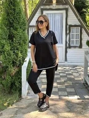 Kadın Kısa Kollu V Yakalı Iki Iplik Bluz Ve Pantolon Ikili Takım - Resim 3